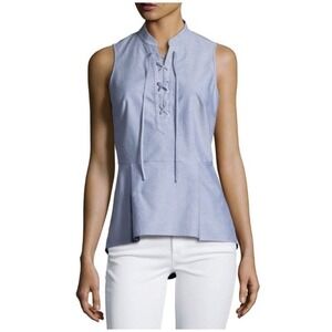 Veronica Beard Blue Lace Up Front Sleeveless Pleated Peplum Hem Jean Top Size 6